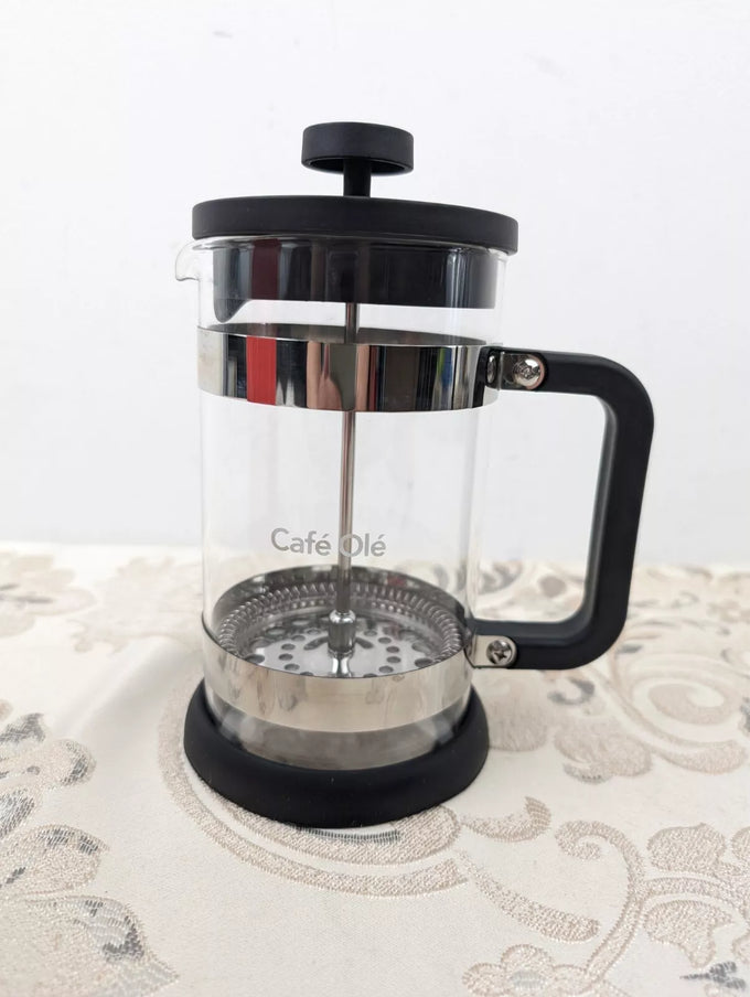 Moderno 3 Cup Cafetiere 350ml with heat-resistant glass, stainless steel bands, non-slip base, ergonomic handle – Keans