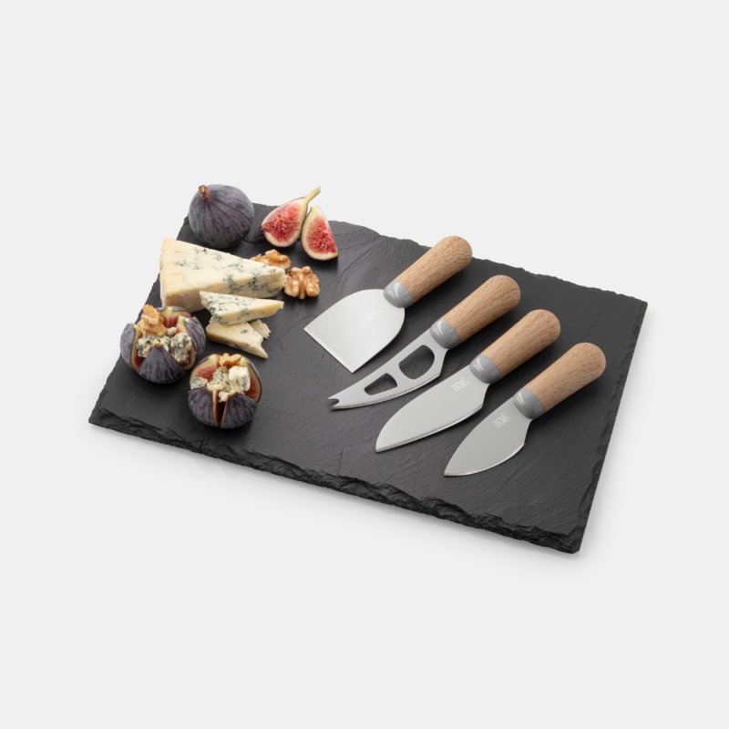 Brooklyn Slate Cheese Board with four beech-handled cheese knives, blue cheese, figs, and walnuts arranged on top