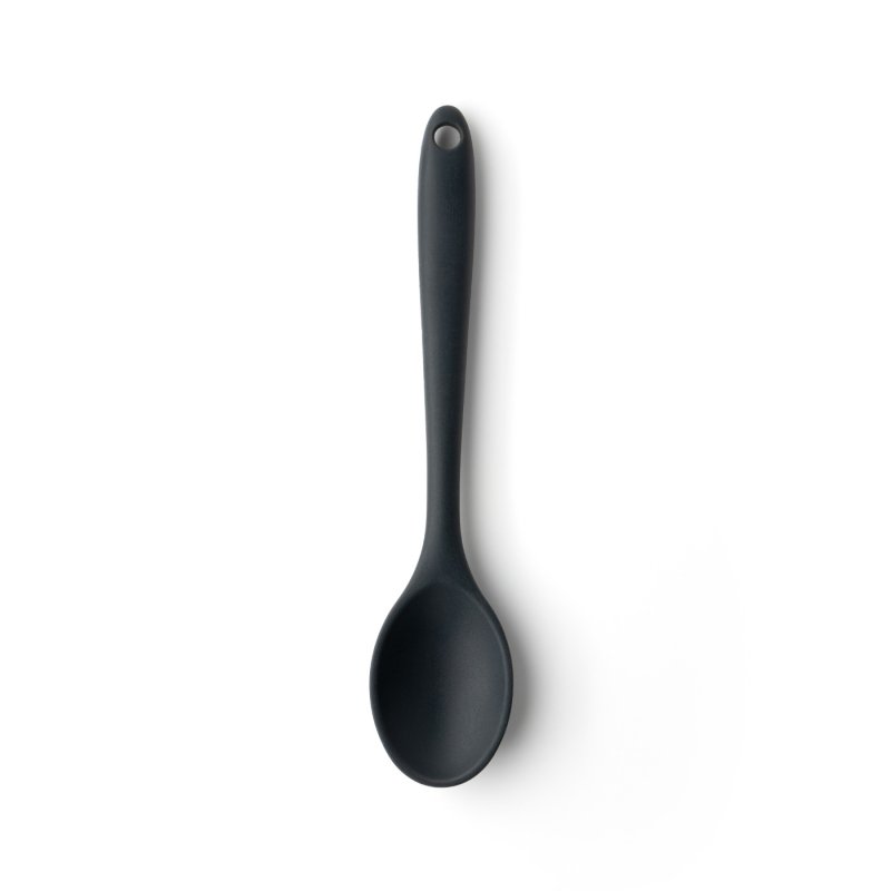 Graphite-colored 21cm mini silicone spoon with a hole at the handle end, shown on white background.