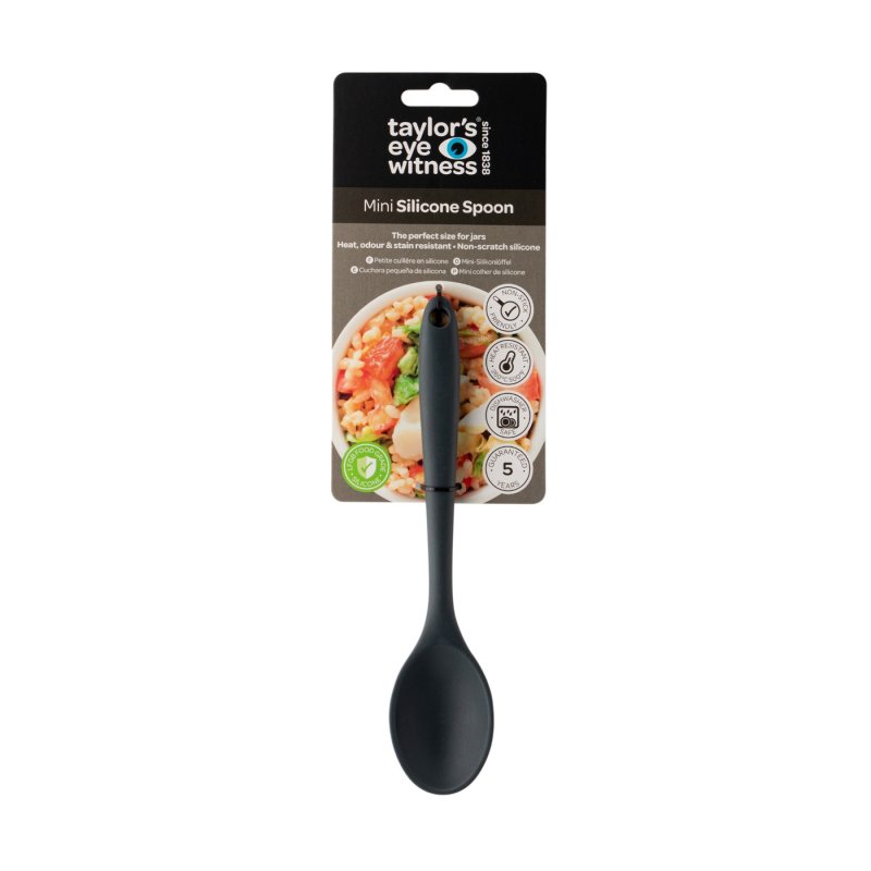Graphite mini silicone spoon 21cm on packaging with food image and product details visible