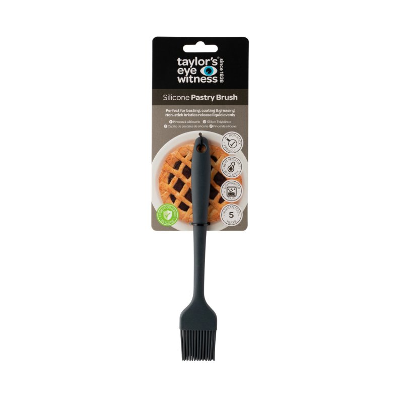 Graphite silicone pastry brush 20cm with packaging showing pie image and product features.