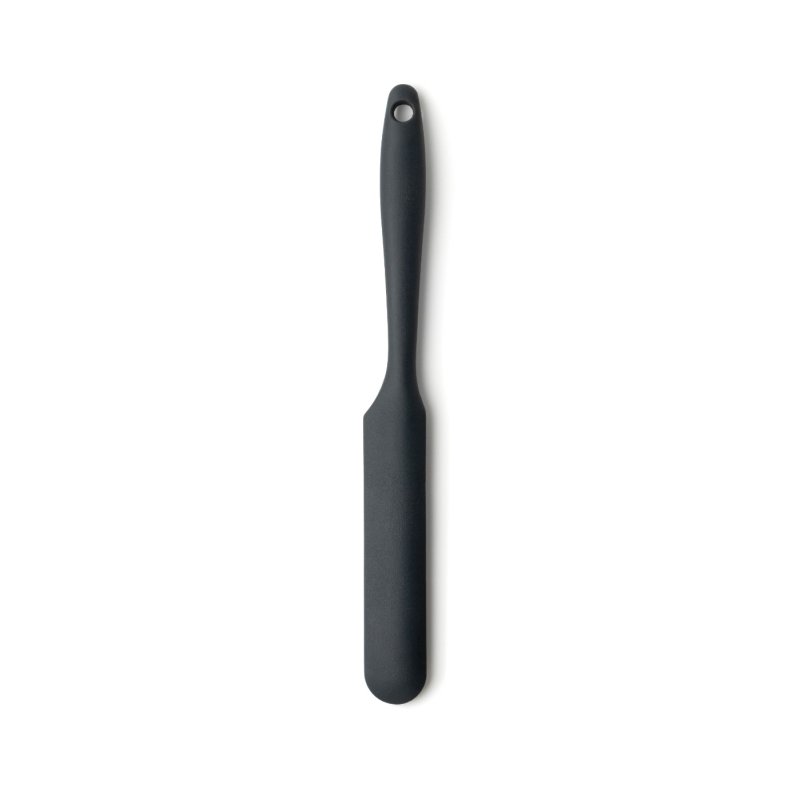 Graphite-colored 24cm mini silicone palette knife with rounded blade and hole in handle on white background