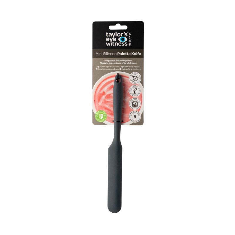 Graphite mini silicone palette knife on packaging with pink frosting background and product details.