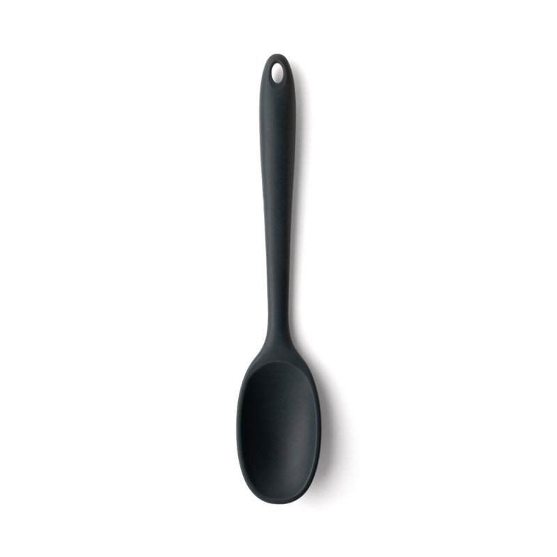 Graphite-colored 28cm silicone spoon with a hole in the handle, shown flat on white background.