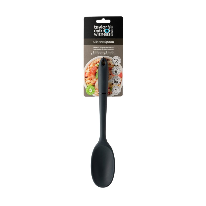 Graphite 28cm silicone spoon with packaging showing brand and product details against white background.