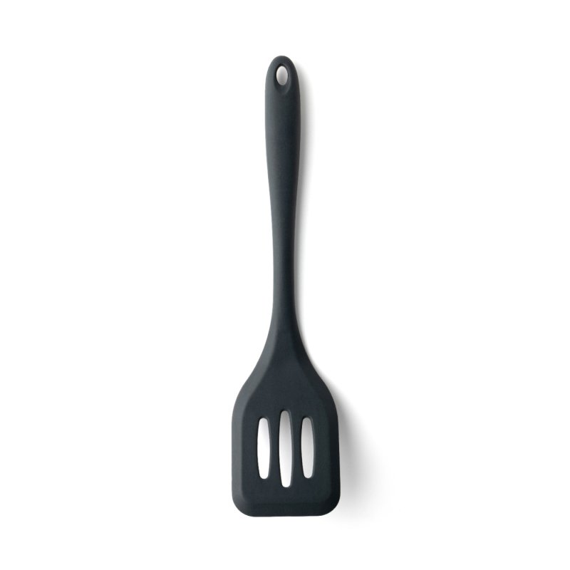 Graphite-colored 28cm slotted turner with a long handle and three slots on the spatula head
