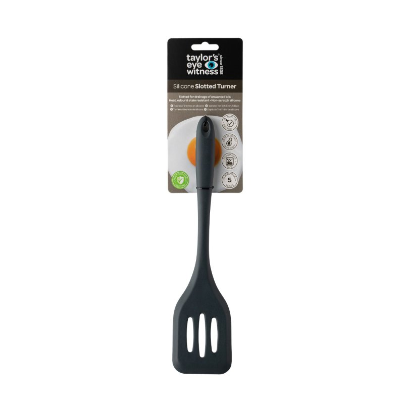 Graphite silicone slotted turner 28cm with packaging showing brand and product details.