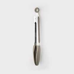 Grey 23cm stainless steel tongs with non-scratch silicone heads, heat resistant, locking mechanism – Keans Claremorris
