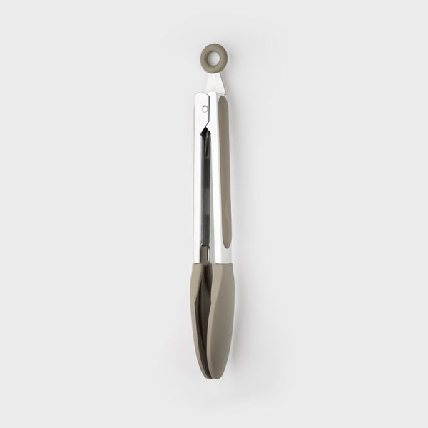 Grey 23cm stainless steel tongs with non-scratch silicone heads, heat resistant, locking mechanism – Keans Claremorris