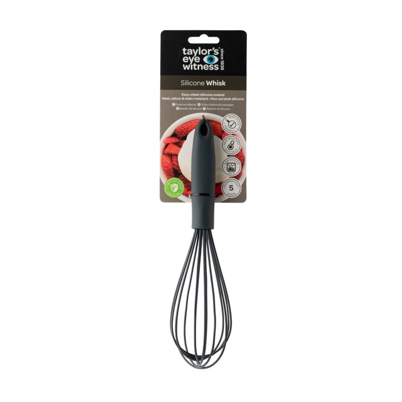 Graphite 25cm silicone whisk with black handle on branded cardboard backing showing product features.