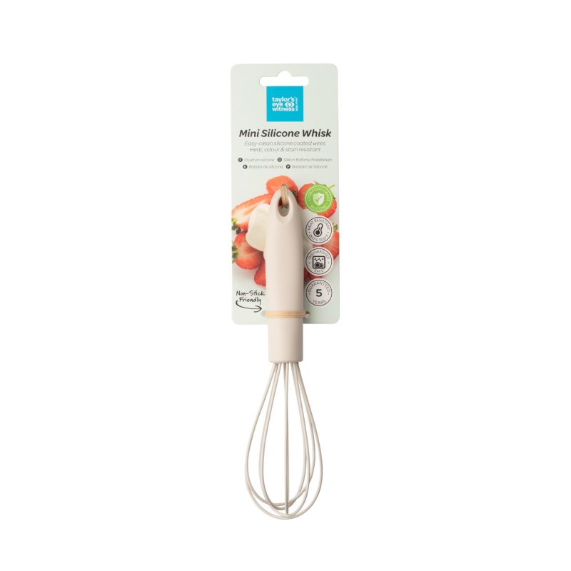 Vintage Mini Whisk 9cm Oyster with silicone-coated wires on branded packaging showing product features and strawberry