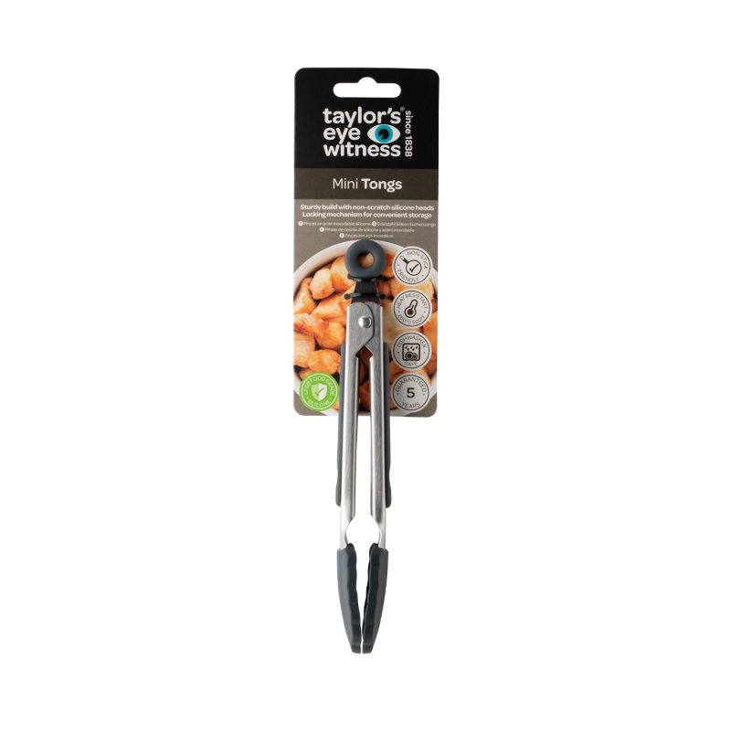 Mini Tongs Graphite with stainless steel body and black silicone heads on branded packaging with food image background