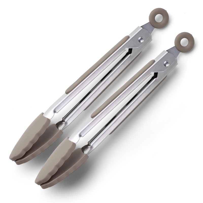 Set of 2 mini stainless steel tongs with grey silicone tips and handles, shown side by side on white background