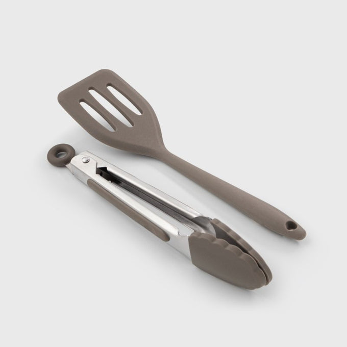 Mini grey silicone turner and tongs set, heat resistant, non-scratch, BPA free, dishwasher safe – Keans Claremorris