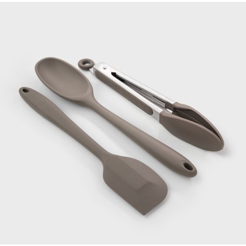 Grey set of 3 silicone kitchen tools including a spoon, spatula, and tongs with stainless steel handles.