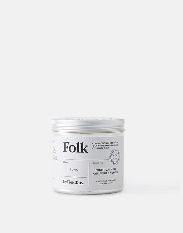 Luna Folk Tin Candle 235G with Night Jasmine & White Neroli scent, 40-hour burn, recyclable tin – Keans Claremorris