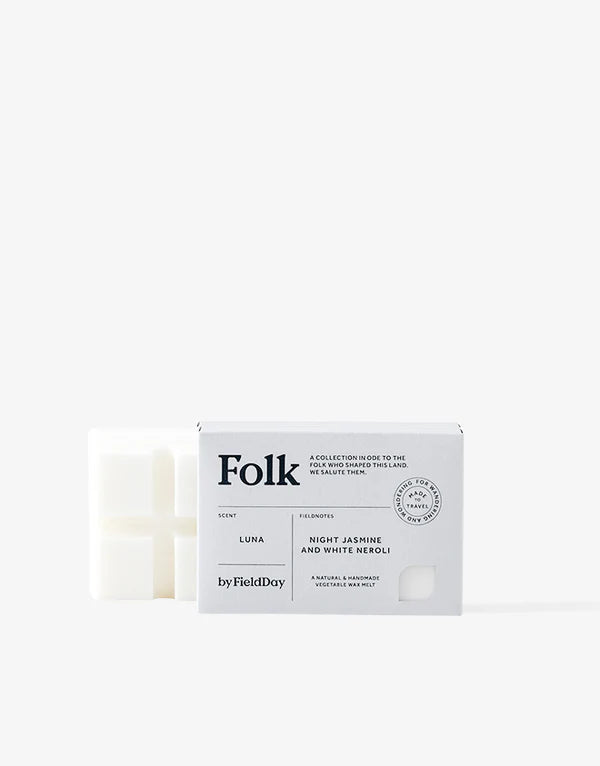 Luna Folk 75g vegan wax melts in recyclable packaging, natural vegetable wax, cruelty-free by Keans Claremorris