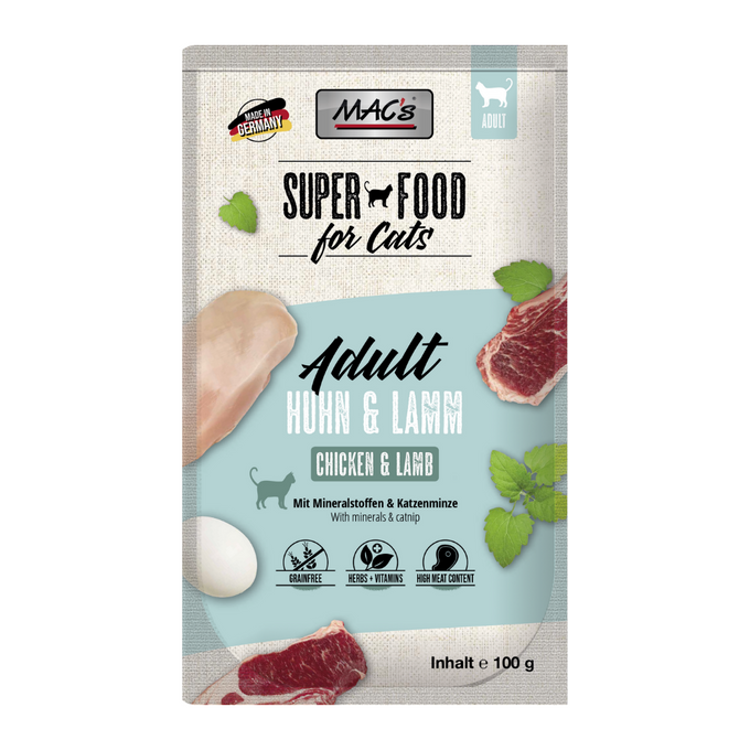 MAC's Cat Pouch Chicken & Lamb 200g grain-free wet cat food with herbs, no preservatives – available at Keans Claremorris.