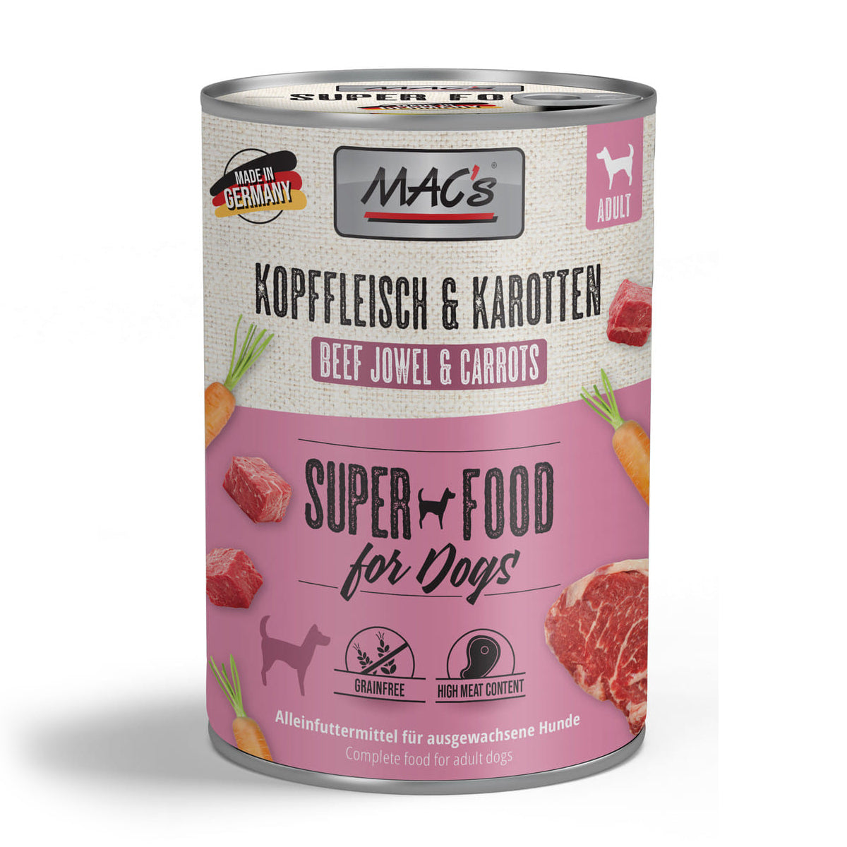 MAC's Dog Tin Food Beef Jowl & Carrots 400g, 70% meat, natural ingredients, no preservatives, Keans Claremorris