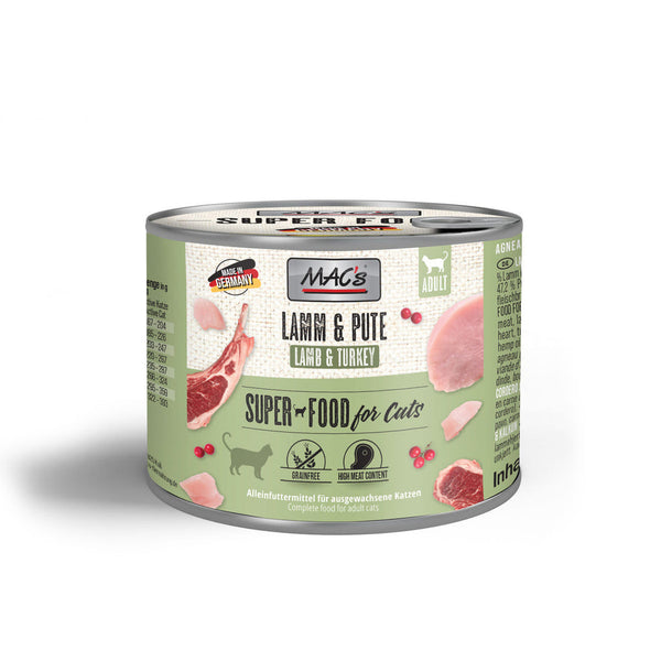 MAC's Tin Food Lamb & Turkey 200g – Grain-free cat food with 70% meat, hemp oil, cranberries, natural ingredients | Keans
