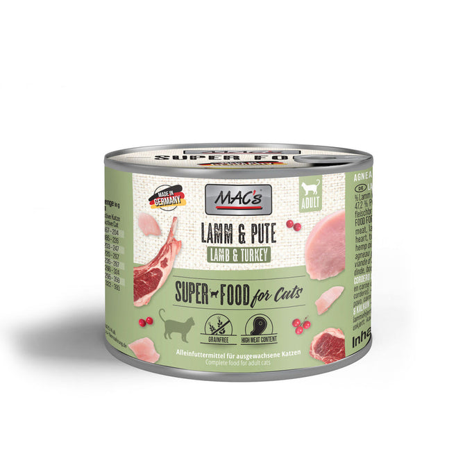 MAC's Tin Food Lamb & Turkey 200g – Grain-free cat food with 70% meat, hemp oil, cranberries, natural ingredients | Keans