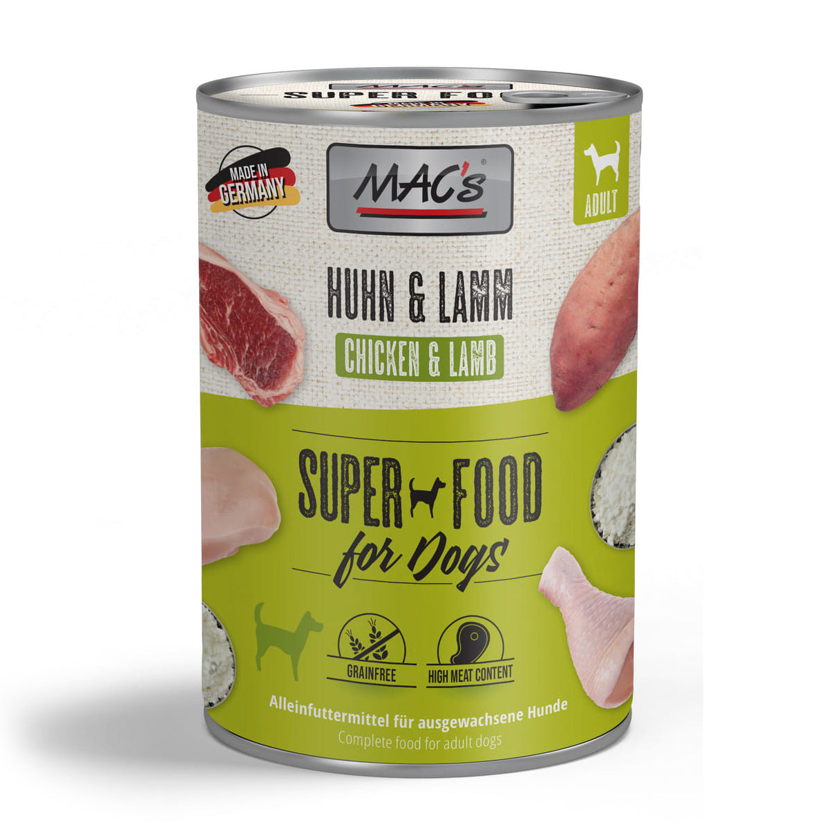 MAC's Dog Tin Food Chicken & Beef 400g - Natural, balanced meat diet for dogs | Available at Keans Claremorris