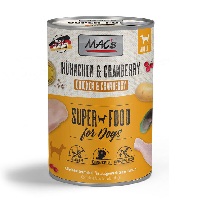 MAC's Dog Tin Food Chicken & Cranberry 400g, grain-free, natural ingredients, no preservatives – available at Keans