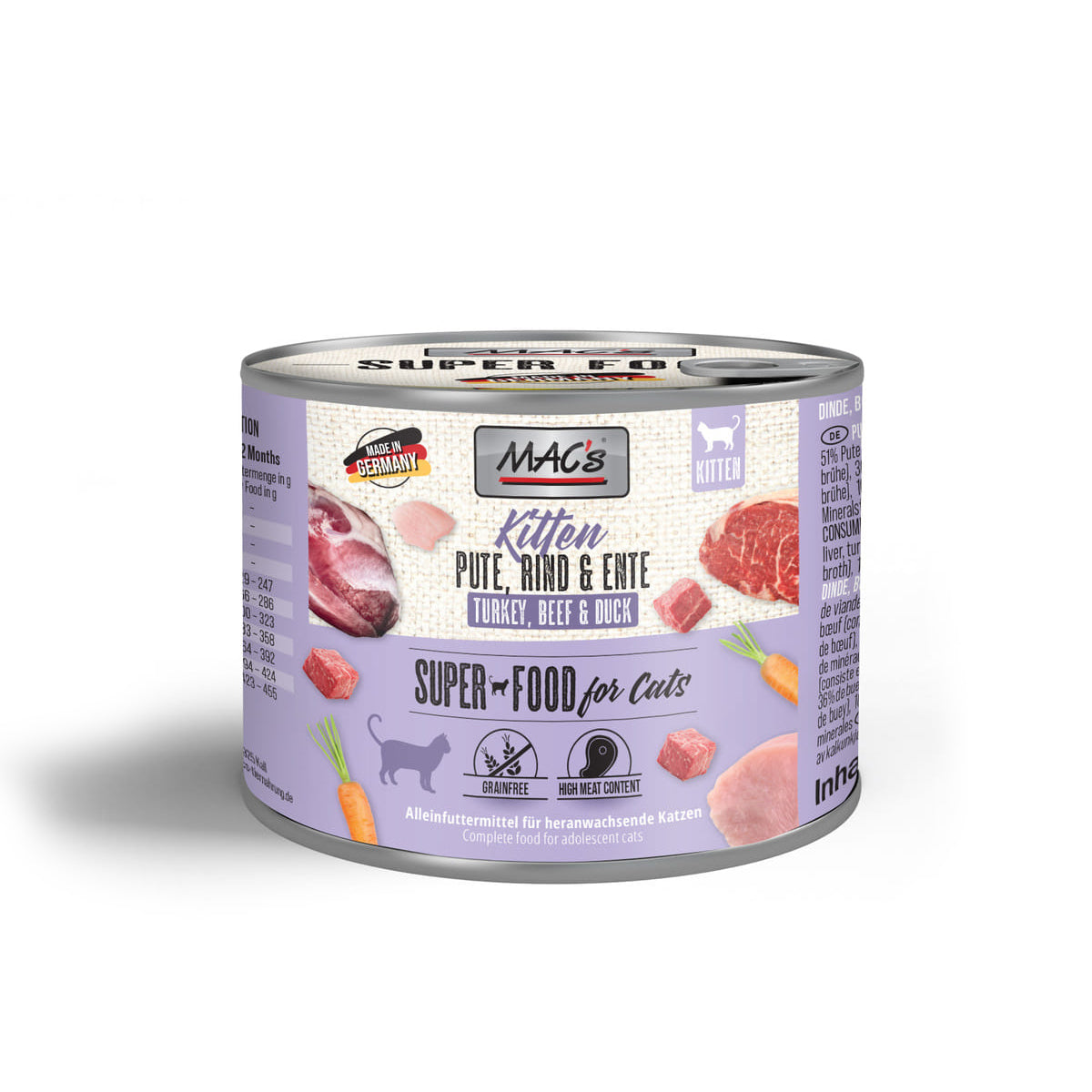 MAC's Kitten Tin Food 200g – Turkey, Beef & Duck, grain-free, 90% meat, natural ingredients, no preservatives – Keans