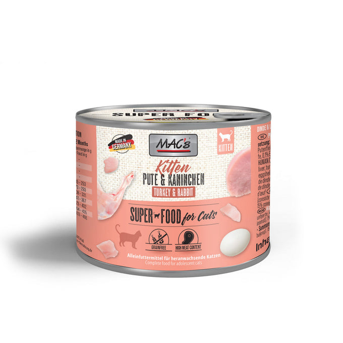 MAC's Kitten Tin Food Turkey & Rabbit 200g, grain-free, balanced nutrition for kittens, available at Keans Claremorris.