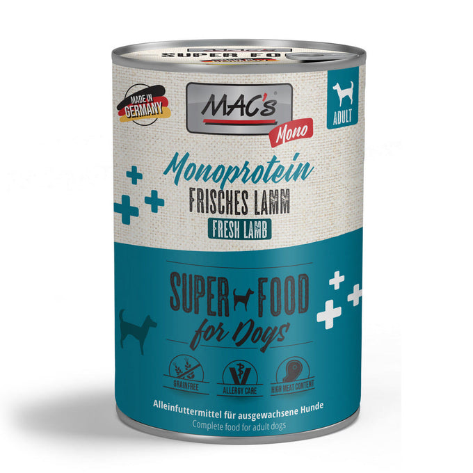 MAC's Dog Tin Food Mono Sensitive Lamb 400g, 70% meat, grain-free, natural diet, available at Keans Claremorris.
