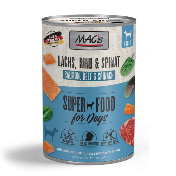 MAC's Dog Tin Food 800g with salmon, beef & spinach, natural ingredients, no preservatives, for healthy skin & joints -