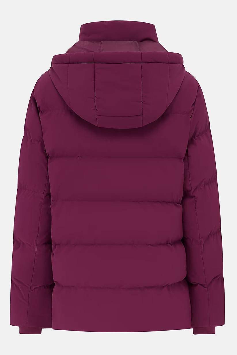 Back view of Margot Ladies Coat Berry in a padded, quilted design with attached hood.