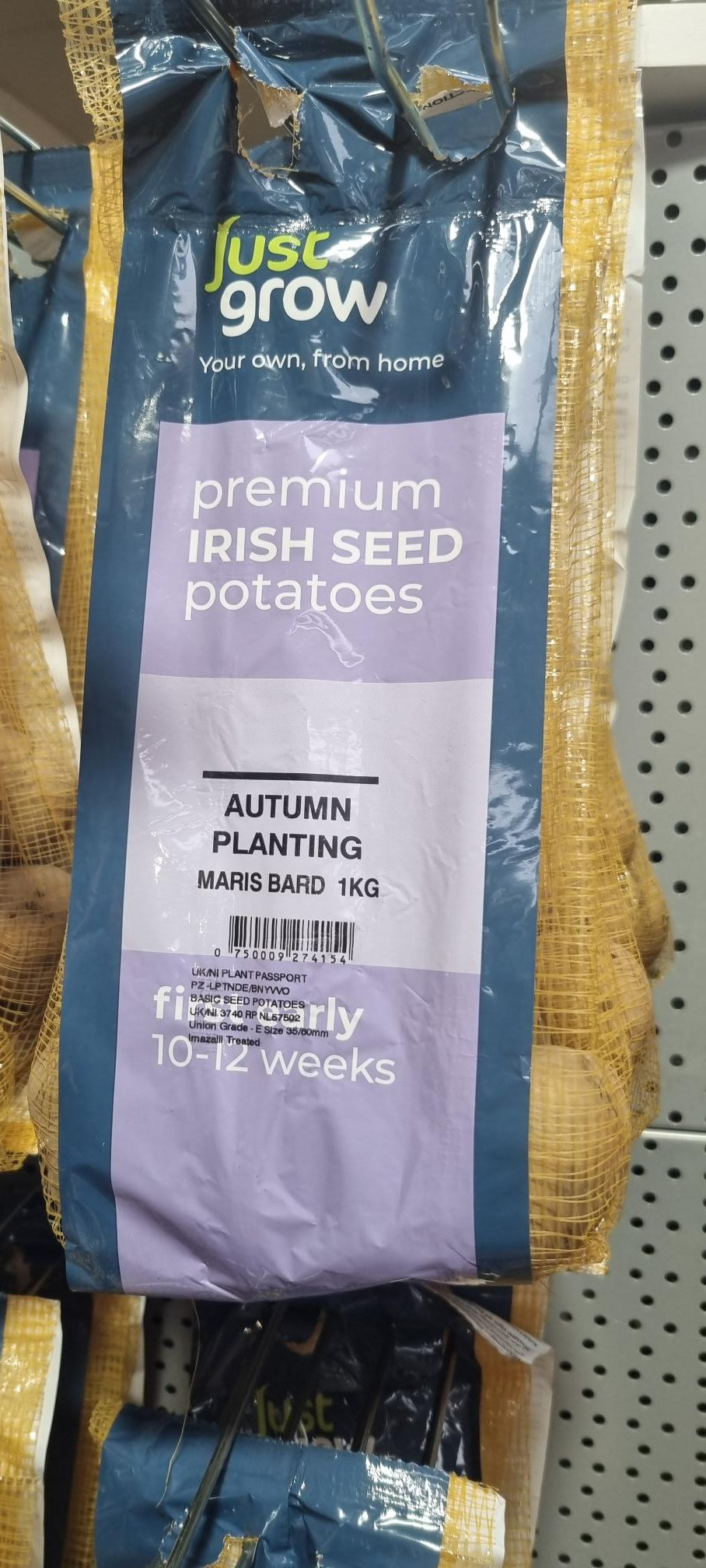 Blue and purple bag of Just Grow premium Irish seed potatoes labeled Maris Bard 1kg for autumn planting