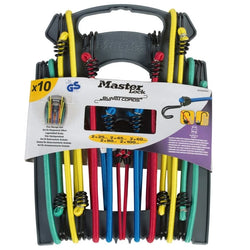 Master Lock 10-piece premium bungee cords set with heavy-duty hooks, scratch-resistant, color-coded, on storage rack – Keans