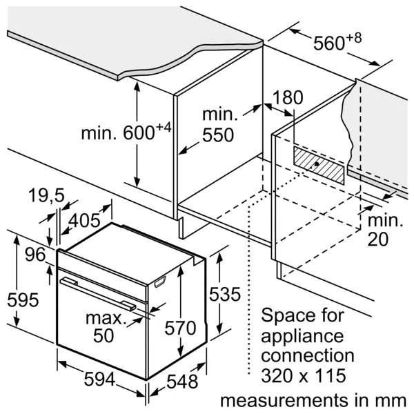 Technical drawing showing installation dimensions for Neff B2DCG7AK3B built-in electric single oven in black.