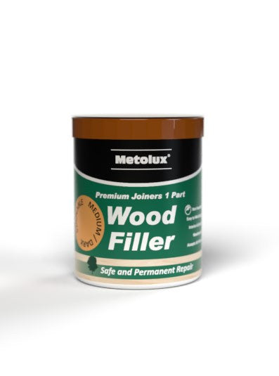 Metolux Wood Filler Teak/Dark Oak 250ml, fast-drying, creamy texture, easy sanding, ideal for MDF and chipboard – Keans