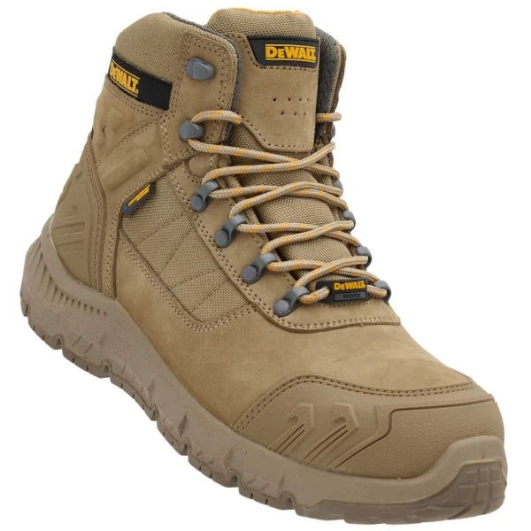 DeWalt Milburn Stone waterproof boot in tan with padded ankle, lace-up front, and rugged sole, angled view.