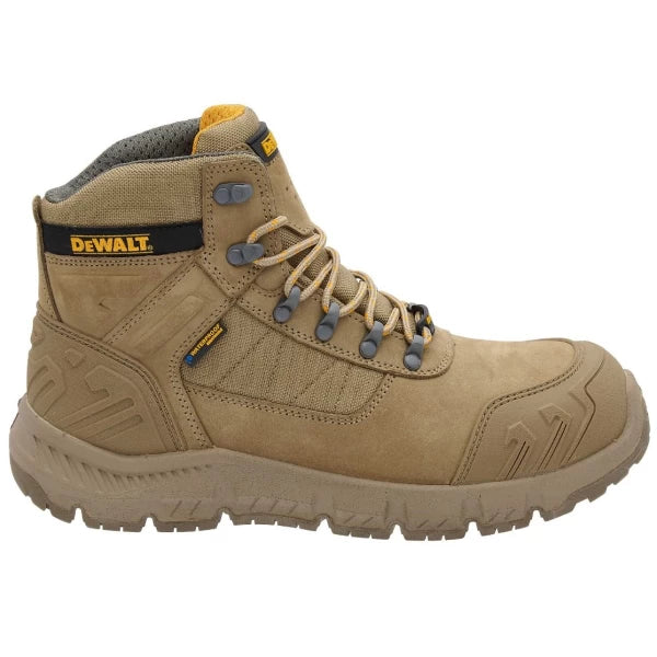 DeWalt Milburn Stone Waterproof Boot in tan, side view showing laces, padded collar, and rugged sole.