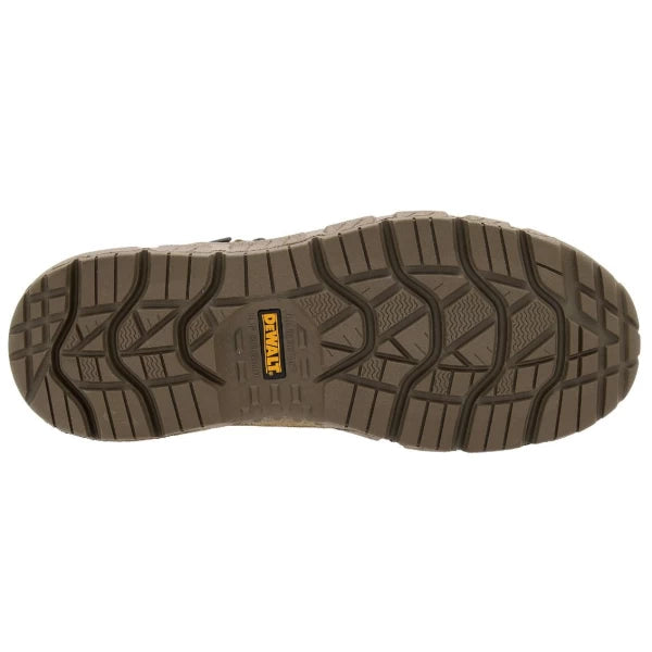 Sole view of DeWalt Milburn Stone Waterproof Boot showing tread pattern and yellow logo label.