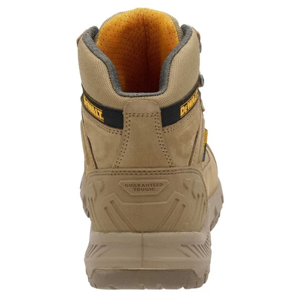 Rear view of tan DeWalt Milburn Stone Waterproof Boot with padded collar and rugged sole.