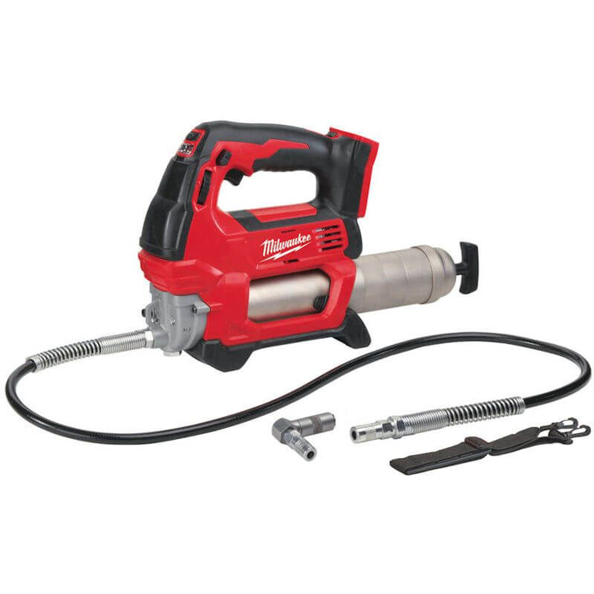 Milwaukee cordless grease gun with red and black body, hose, two metal fittings, and a strap on white background