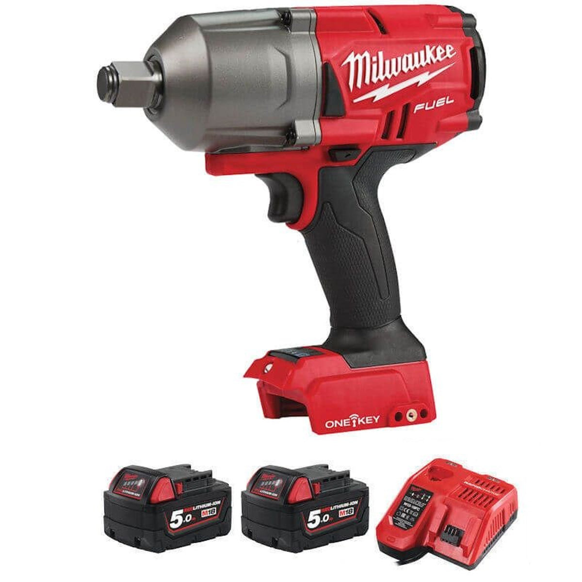 Milwaukee M18 Fuel 3/4" impact wrench with two 5.0Ah batteries and red charger on white background