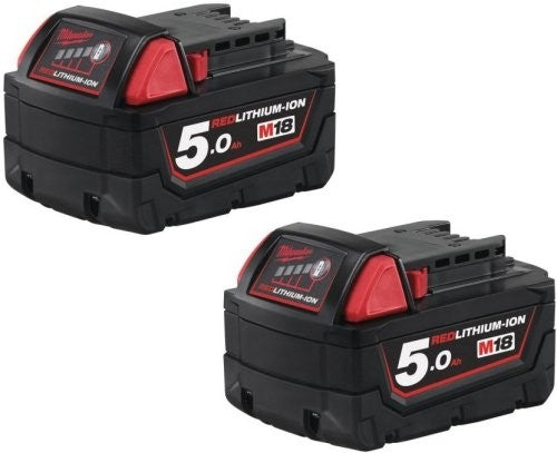 Two Milwaukee M18B5 5.0Ah Red Lithium-Ion battery packs with fuel gauge and red accents.