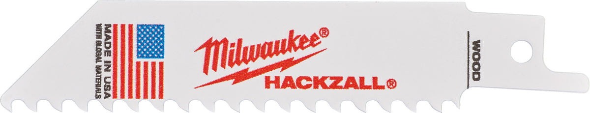 Single Milwaukee Hackzall blade with large teeth, USA flag, and red logo on white background