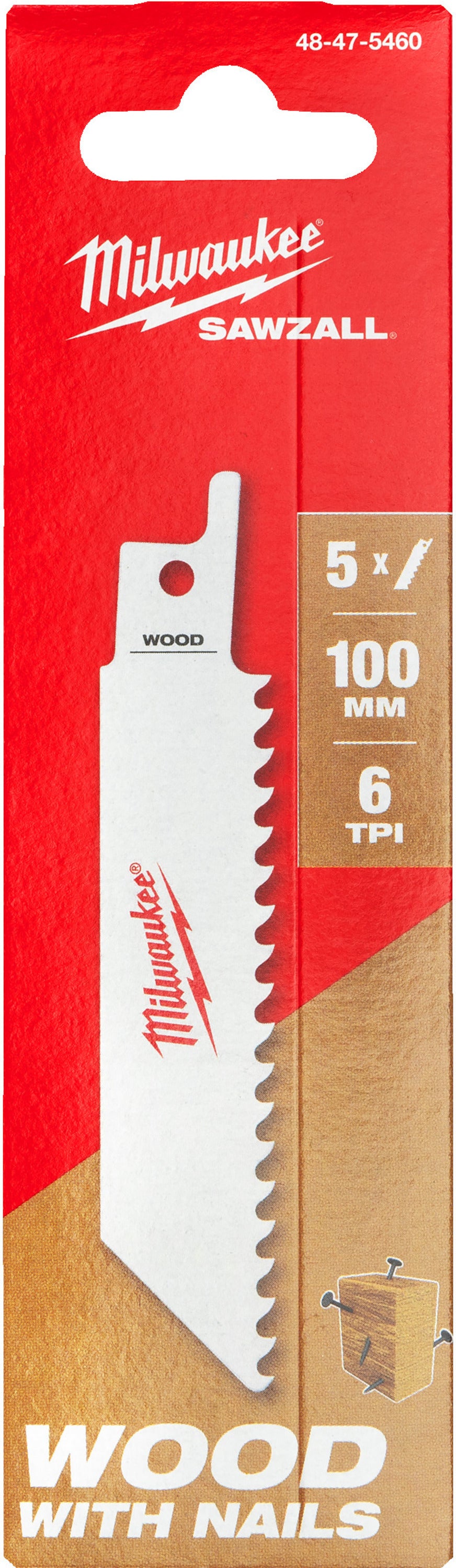 Milwaukee Sawzall wood cutting blade with 6 TPI, 100mm length, packaging showing one blade and wood with nails icon