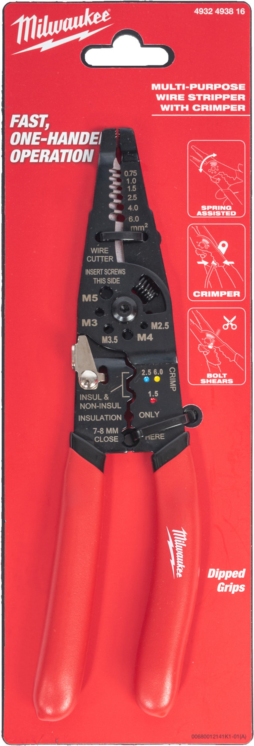 Milwaukee multi-purpose wire stripper with crimper, red dipped grips, in red packaging with tool details.