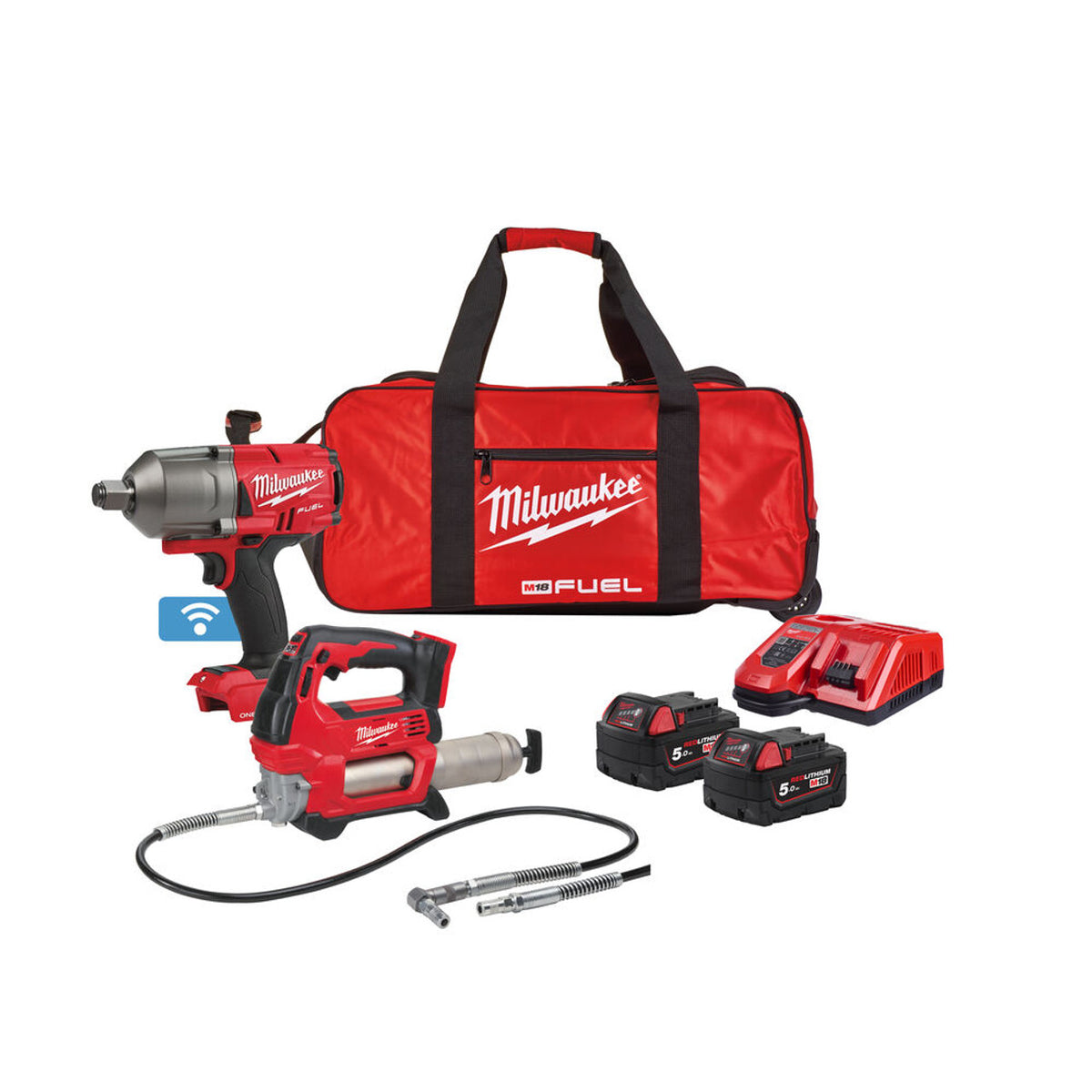Milwaukee M18 Fuel 3/4" impact wrench, grease gun, two batteries, charger, and red carry bag on white background