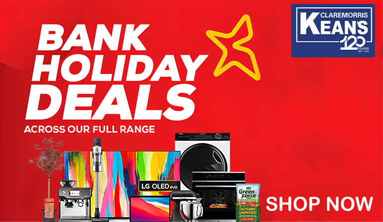 A promotional banner for bank holiday deals featuring a red background, large white text reading 'BANK HOLIDAY DEALS,' and a lineup of electronics including LG OLEDpans, a coffee machine, a tablet, and other gadgets. A KEENS 22 badge and euronics logo are visible on the right.