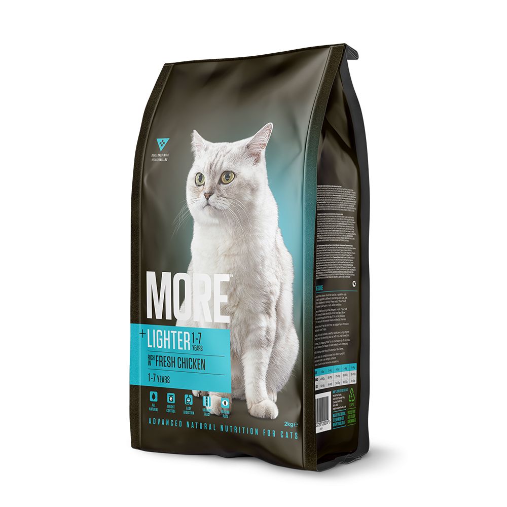 More +Lighter Adult Cat Food Chicken 2kg for overweight cats, natural ingredients, Omega 3, L-Carnitine - Keans Claremorris