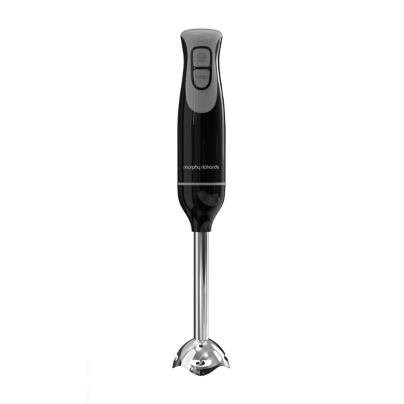 Morphy Richards black hand blender with ergonomic handle, two control buttons, and stainless-steel blending shaft.